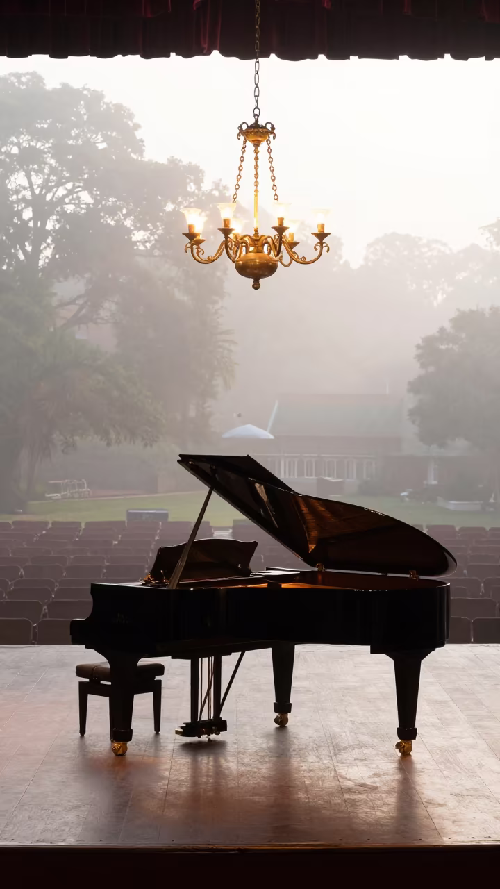 Grand Piano Lid Reflecting Chandelier at Soweto Dawn in on a theater stage in Soweto
