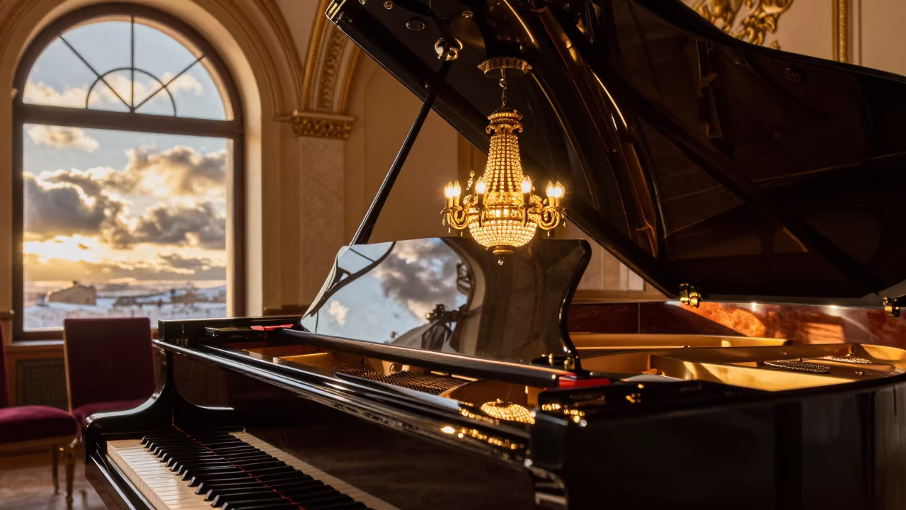 Grand Piano Lid Reflecting Chandelier in Winter in in a concert hall in Zaragoza