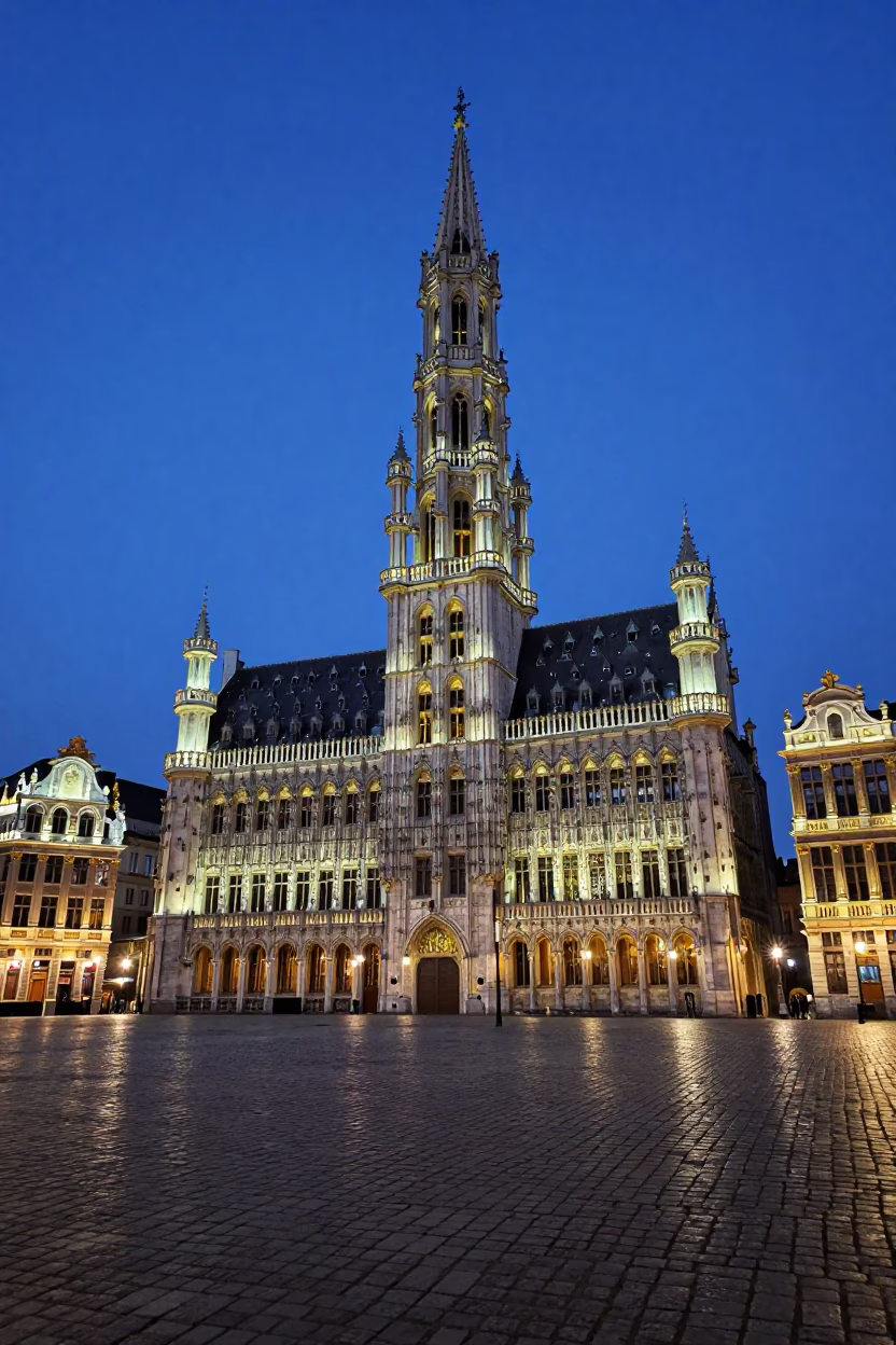 Grand Place And Town Hall Tower From Square Perspective in Brussels in in Brussels, Belgium