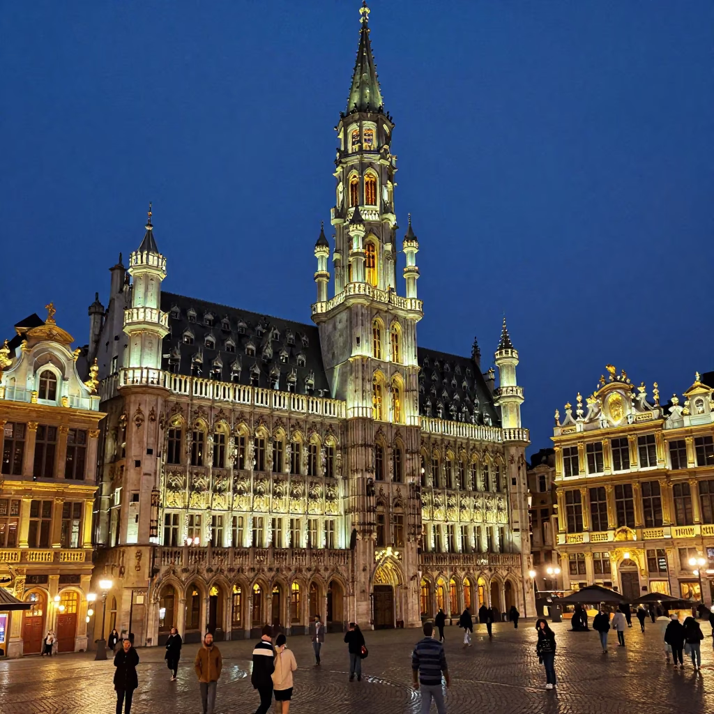 Grand Place in Brussels at As City Lights Begin To Glow in in Brussels, Belgium