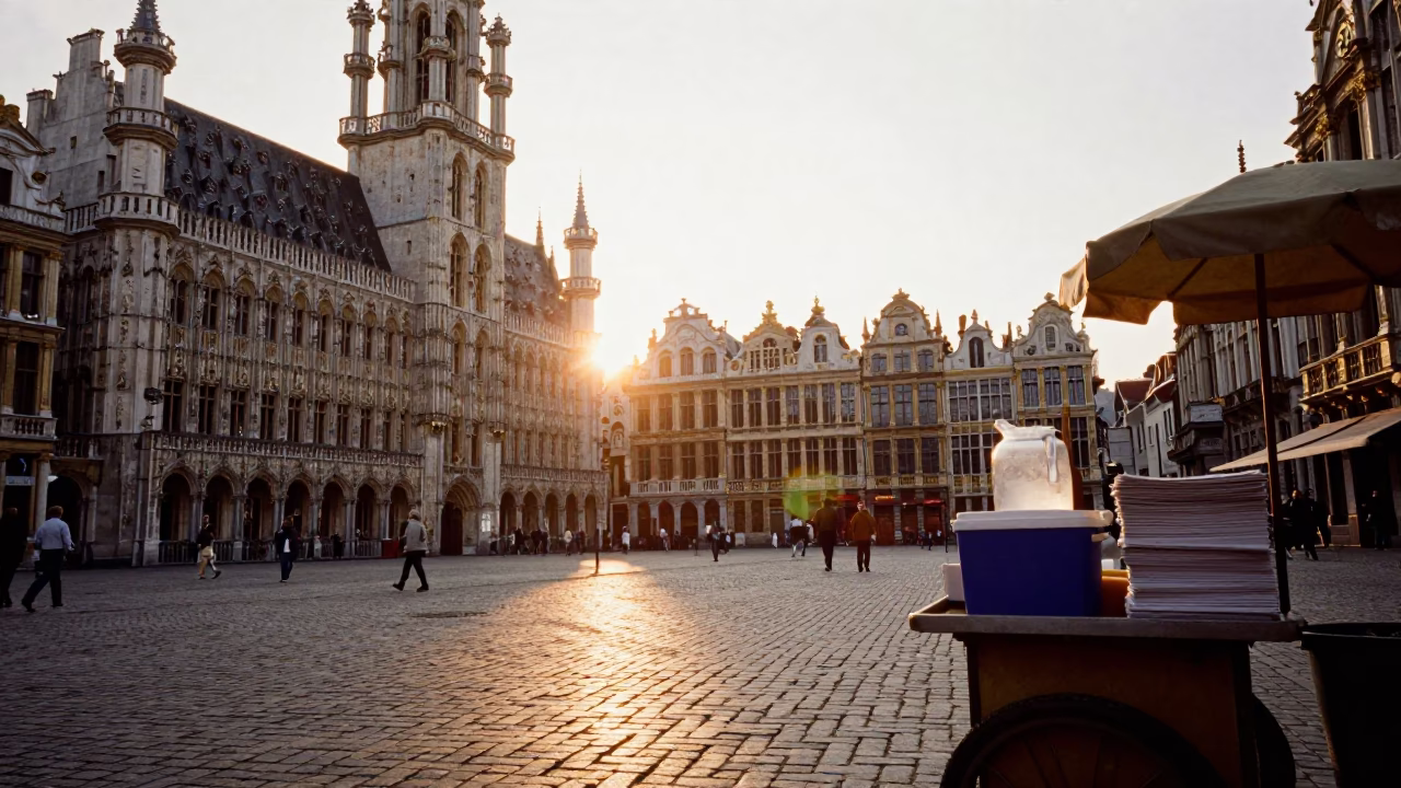 Grand Place in Brussels at As The Sun Drops Toward The Horizon in in Brussels, Belgium