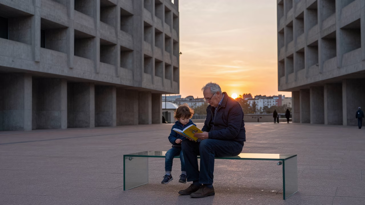 Grandfather and Grandchild Reading Under Brutalist Concrete Architecture in Lyon at Sunset in in Lyon, France