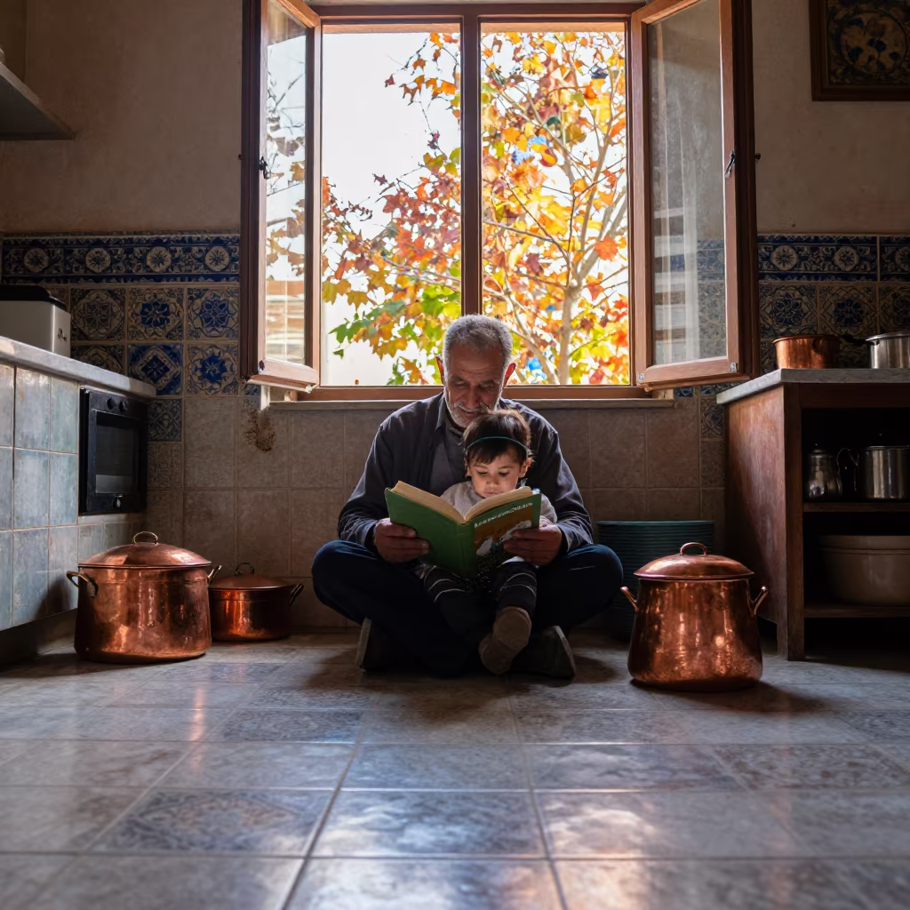 Grandfather Reading to Child in Autumn Kitchen in in a kitchen in Beni Suef