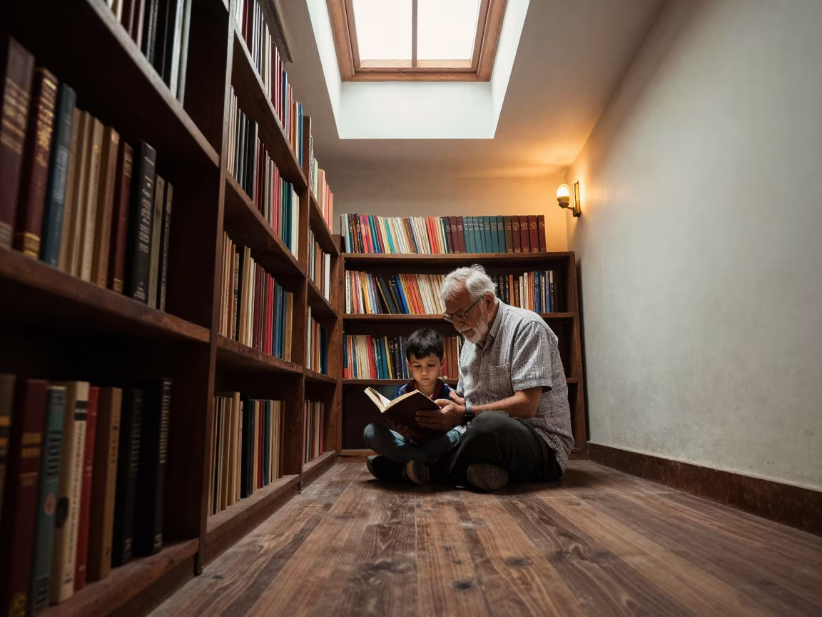 Grandfather Reading to Child in Jhansi Library in in a library reading room in Jhansi