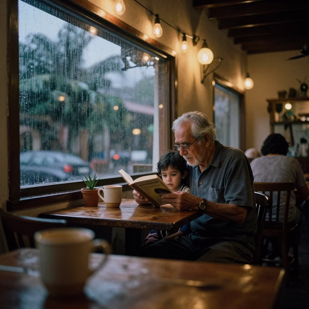 Grandfather Reading to Grandchild in Campeche Cafe in in a cafe in Campeche