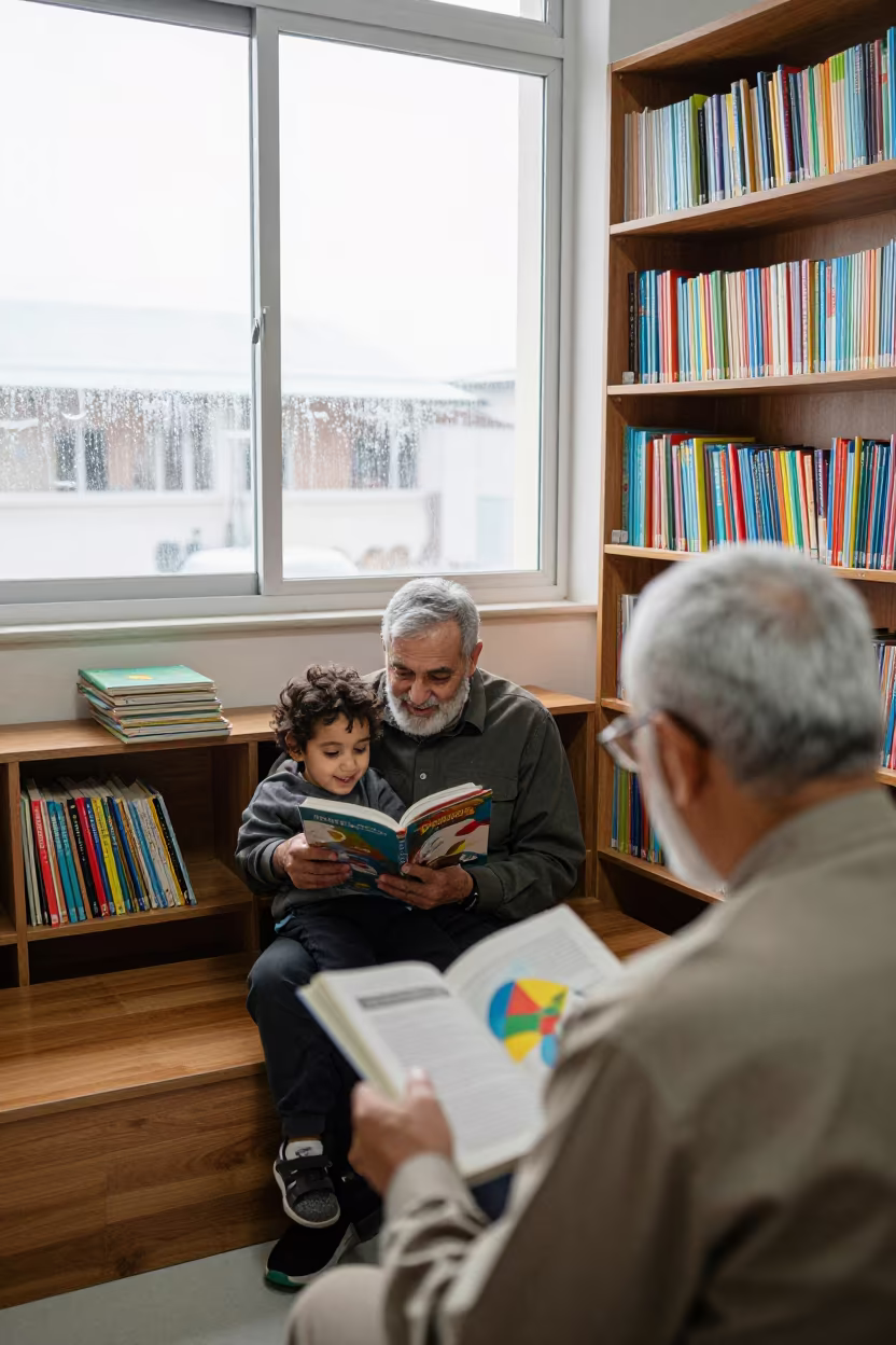 Grandfather Reads Book to Child in Az Zubayr Library in in a library reading room in Az Zubayr