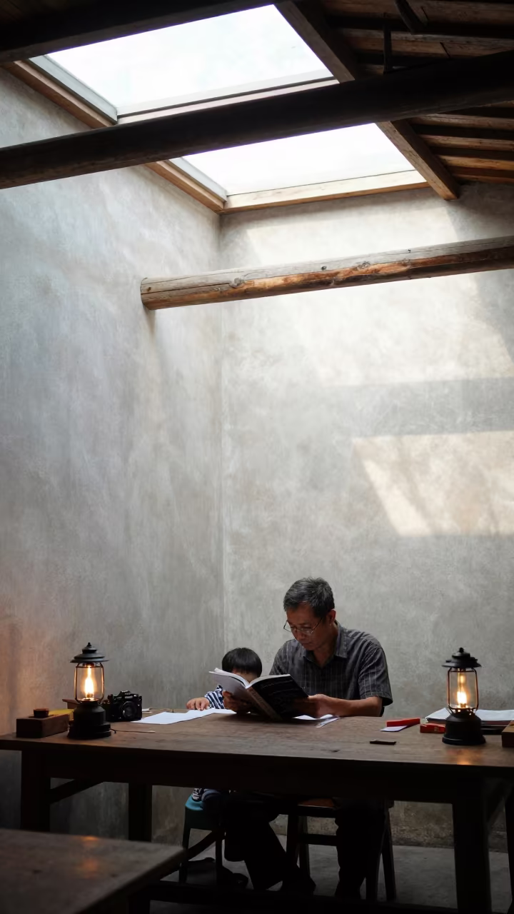 Grandfather Reads to Child in Yangshuo Atelier in in an atelier in Yangshuo