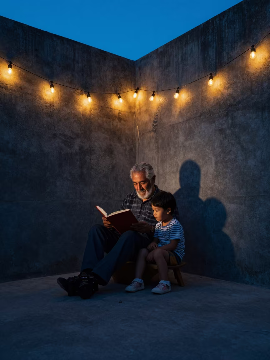 Grandfather Reads to Grandchild in Callao Studio in in a studio in Callao