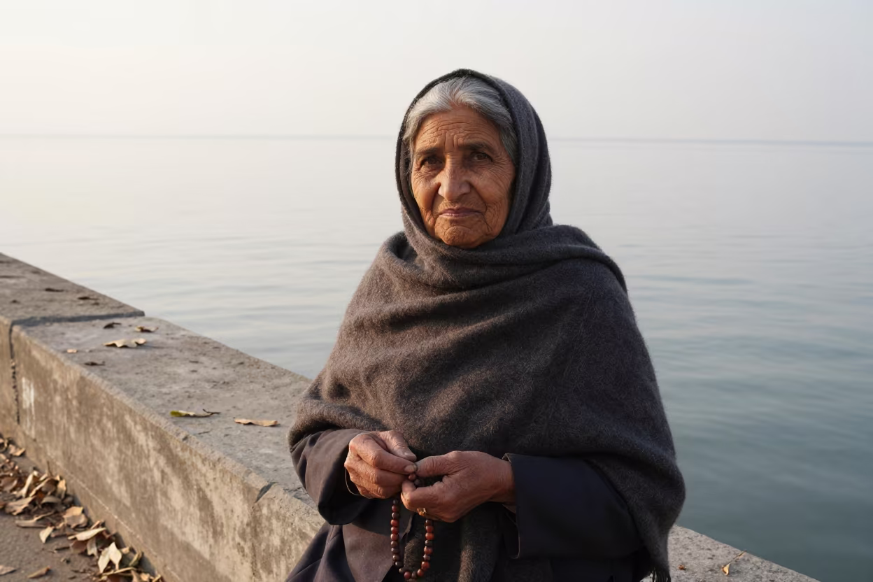 Grandmother at Harbor Dawn Holding Prayer Beads in at a harbor edge in Sheikhupura