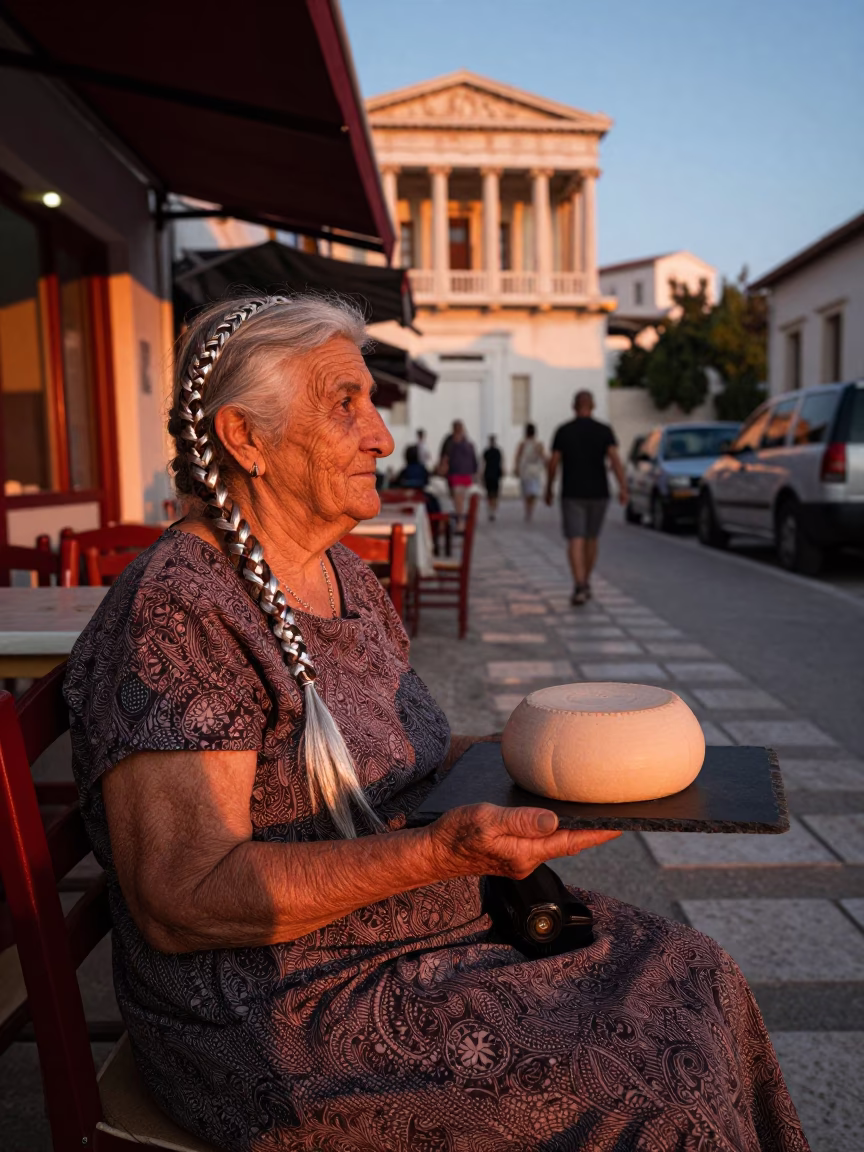 Grandmother in Athens at Copper-toned Light Before Dusk in in Athens, Greece