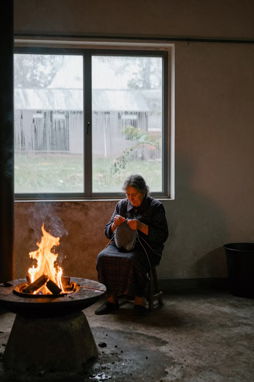 Grandmother Knitting by Fire in Daule Foundry in in a foundry in Daule