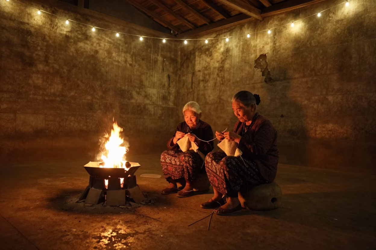 Grandmother Knitting by Fire in Myitkyina Loft in in a warehouse loft in Myitkyina