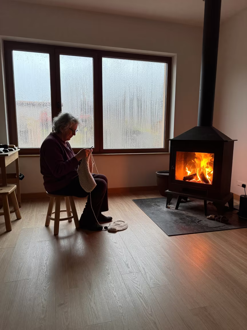 Grandmother Knitting by Fire in Palma Dawn Studio in in a studio in Palma