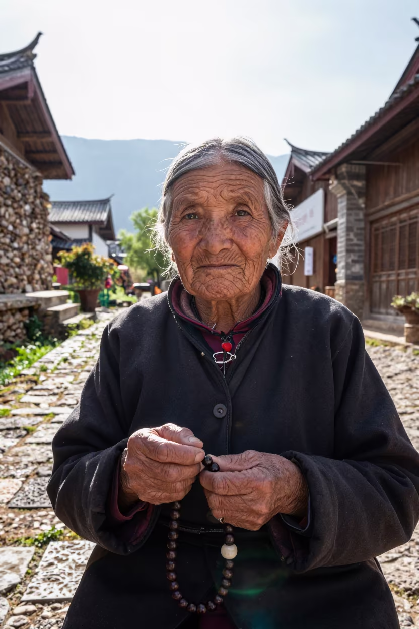 Grandmother Lijiang Prayer Beads Late Afternoon in near Lijiang