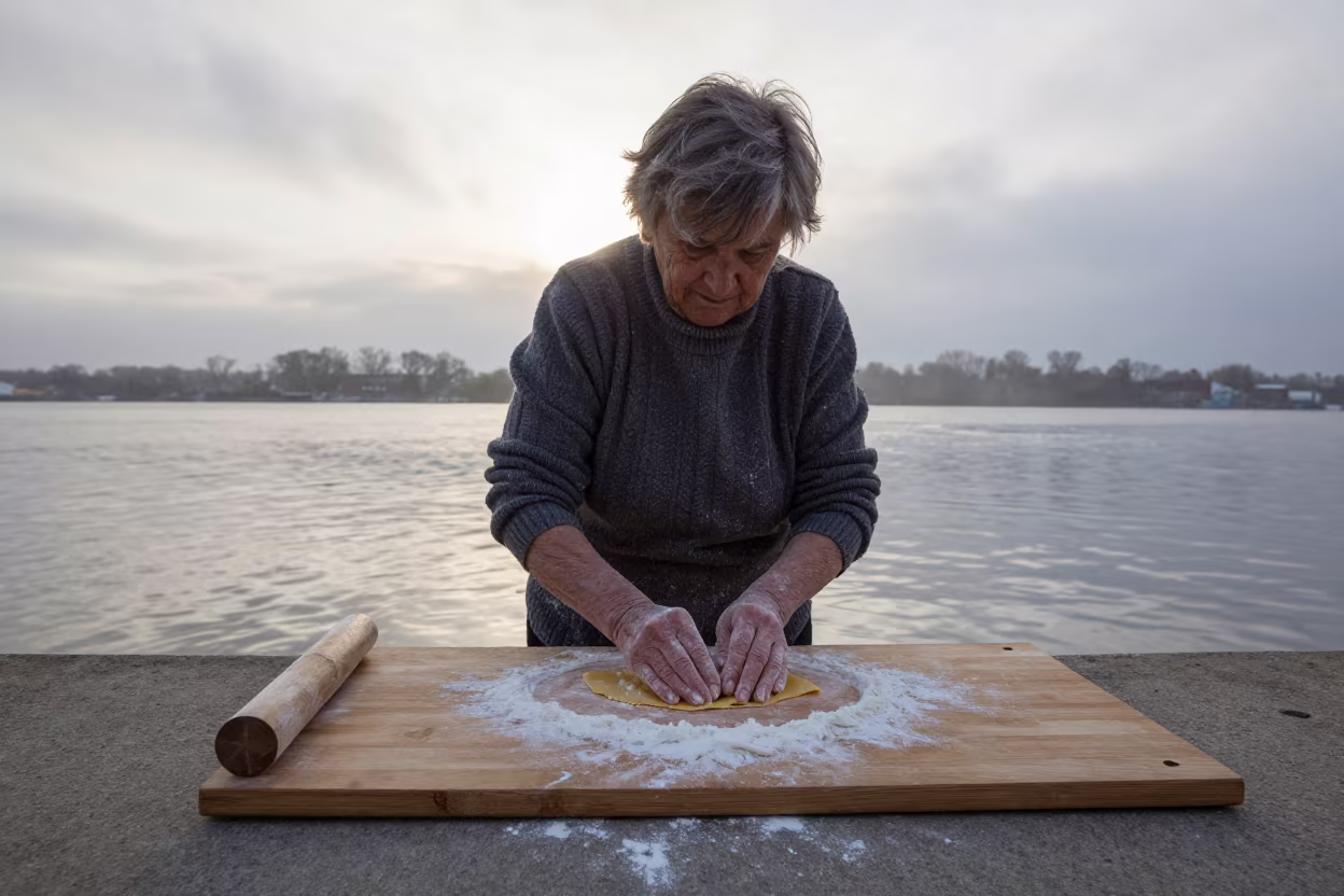 Grandmother Making Pasta at Des Moines Harbor Dawn in at a harbor edge in Des Moines