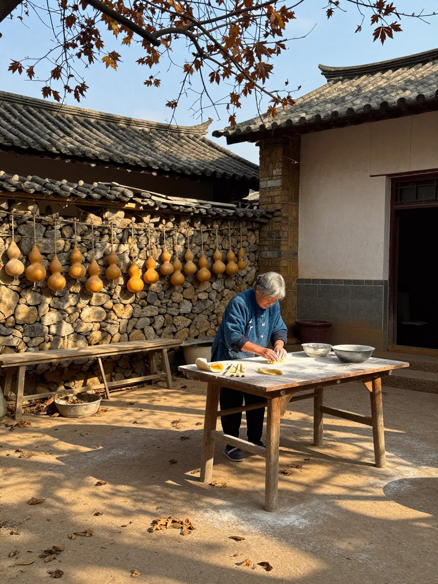 Grandmother Making Pasta in Kunming Courtyard in near Kunming