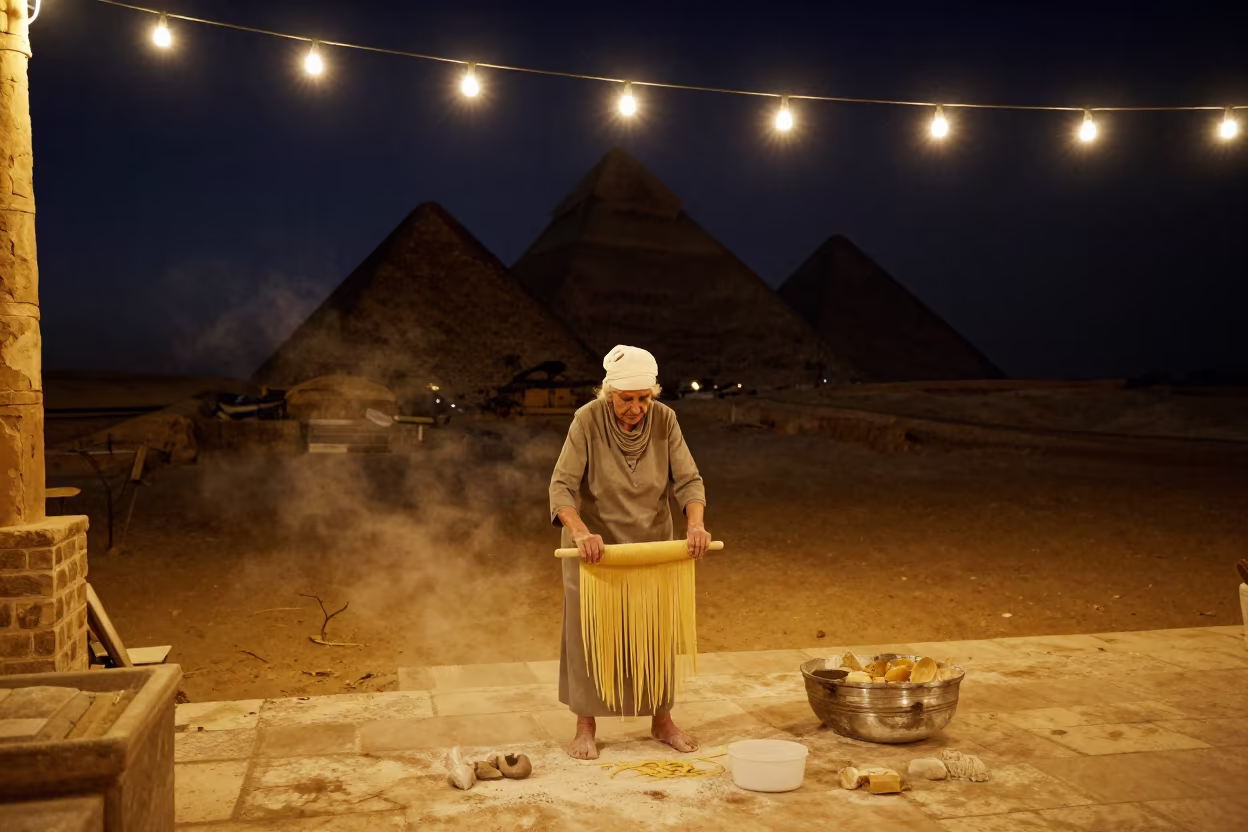 Grandmother Making Pasta Under Night Lights in near Giza