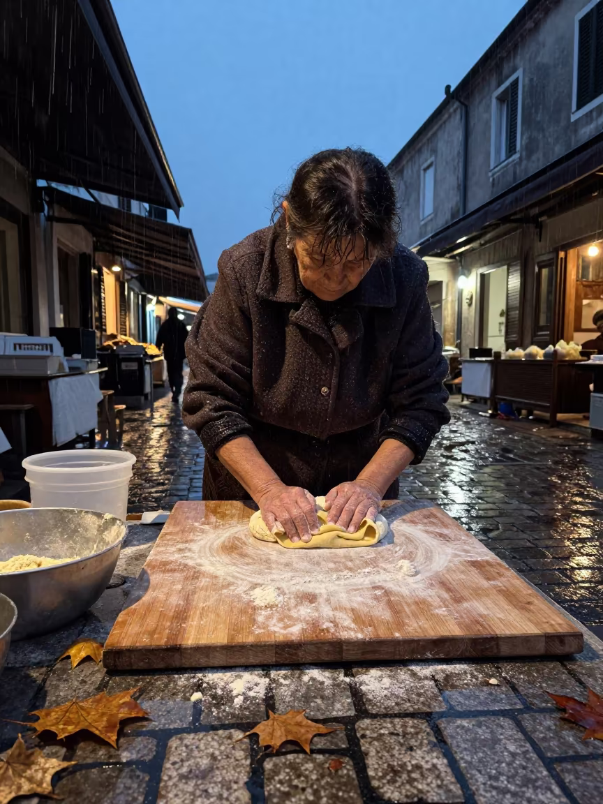 Grandmother Making Pasta in Zadar Market Rain in along a market lane in Zadar