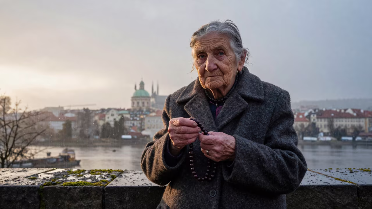 Grandmother in Letna Prague Holding Prayer Beads in in Letna, Prague
