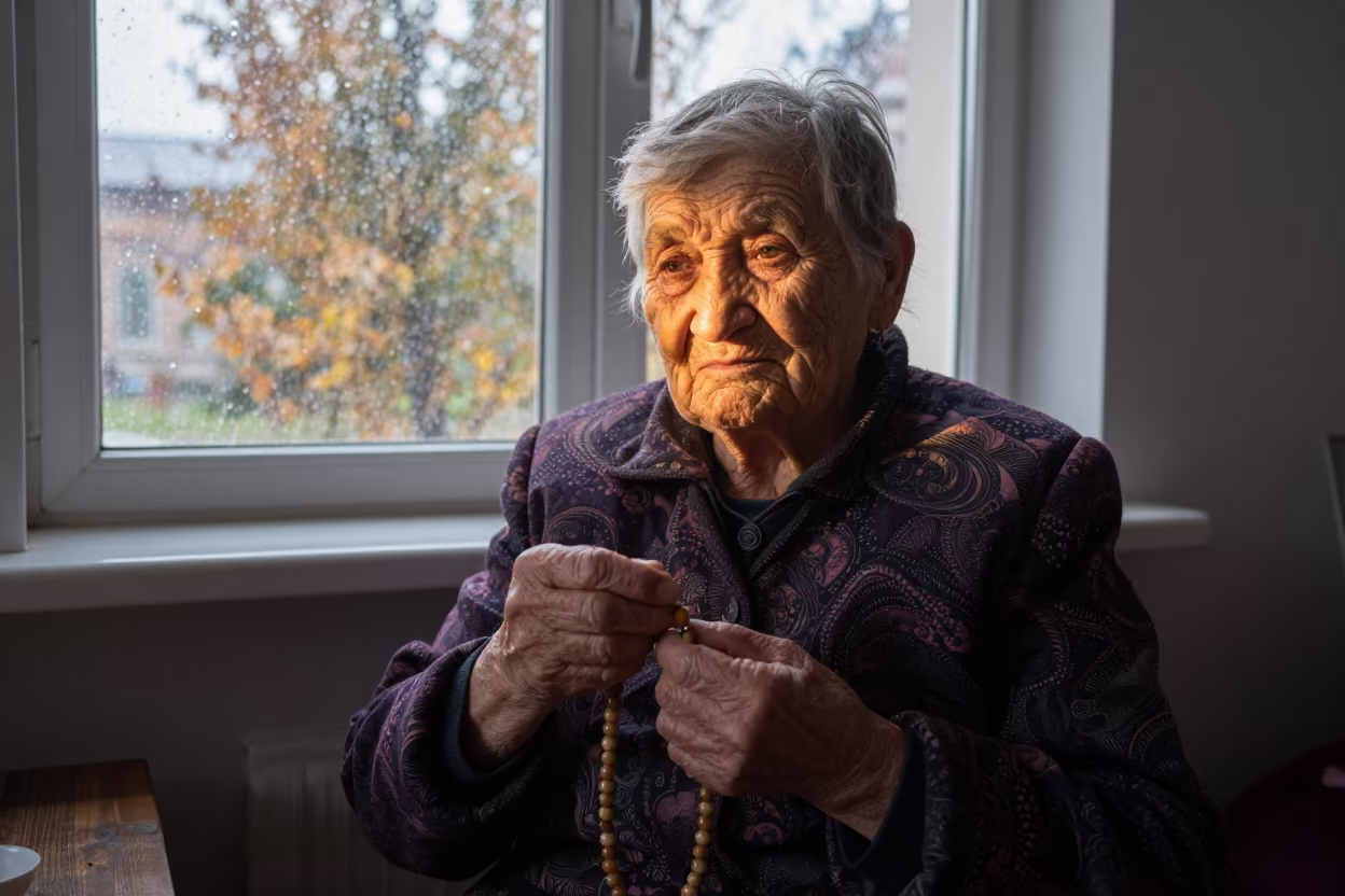 Grandmother with Prayer Beads in Early Morning Rain in in Astana