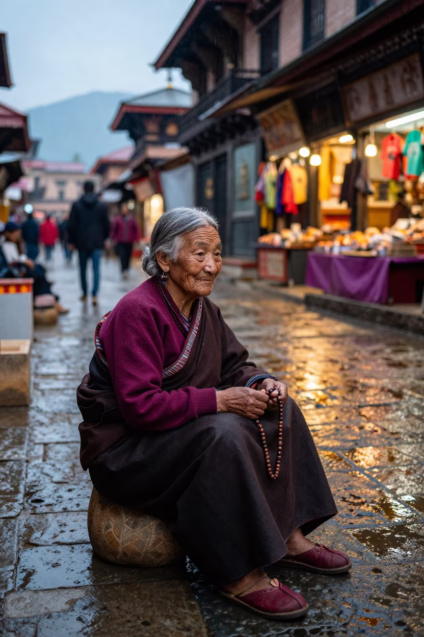 Grandmother Praying Beads Thimphu Market Lane in along a market lane in Thimphu