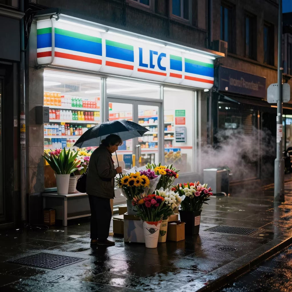 Grandmother Selling Flowers Before Dawn in Antwerp in outside a fluorescent convenience store in Antwerp