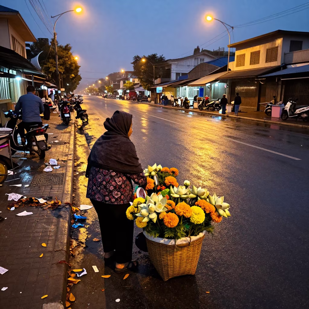 Grandmother Selling Flowers Before Dawn in Mandalay in along a market-lined side street in Mandalay