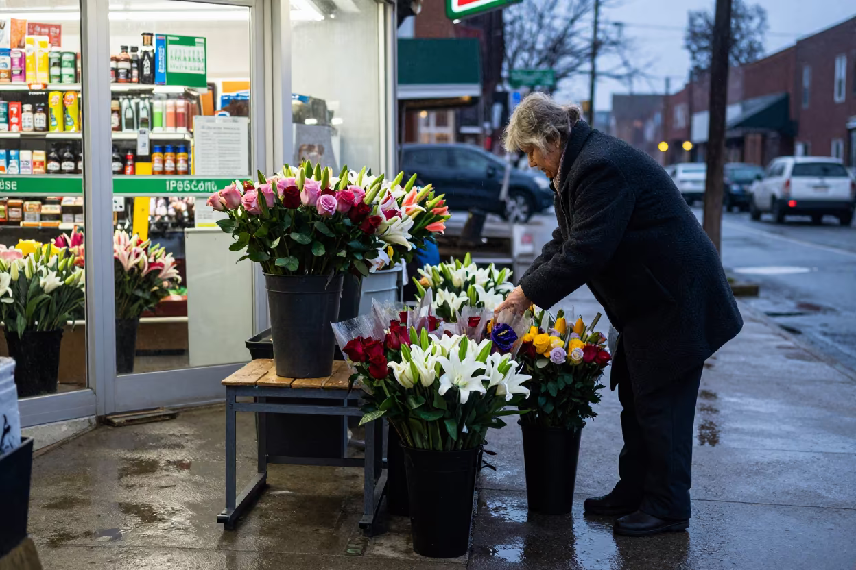 Grandmother Selling Flowers Outside Oshawa Store in outside a fluorescent convenience store in Oshawa