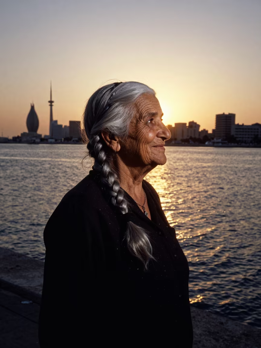 Grandmother Silhouette at Kuwait Harbor Evening in at a harbor edge in Kuwait City