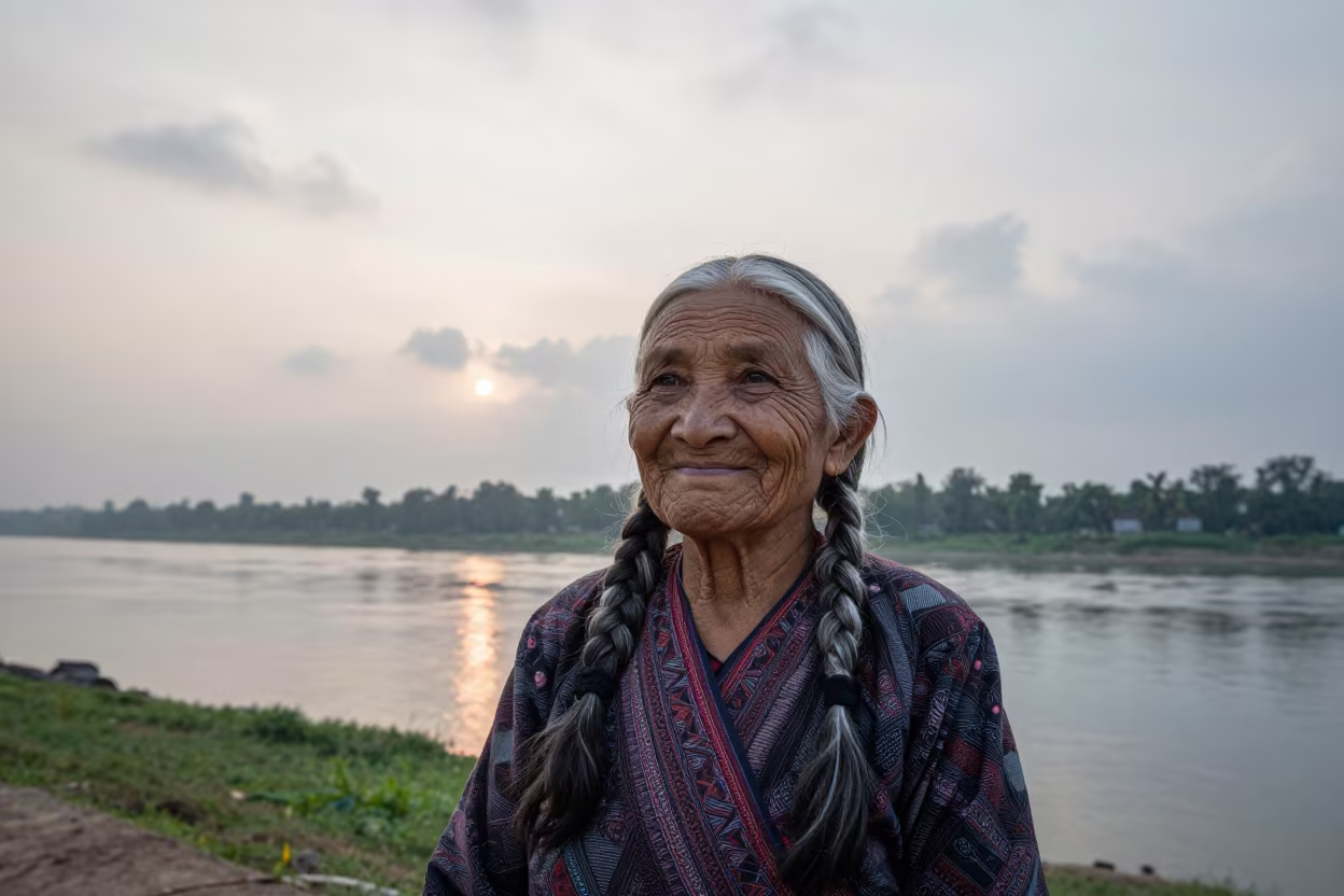Grandmother With Silver Braids at Imphal Dawn in near a riverside landing in Imphal
