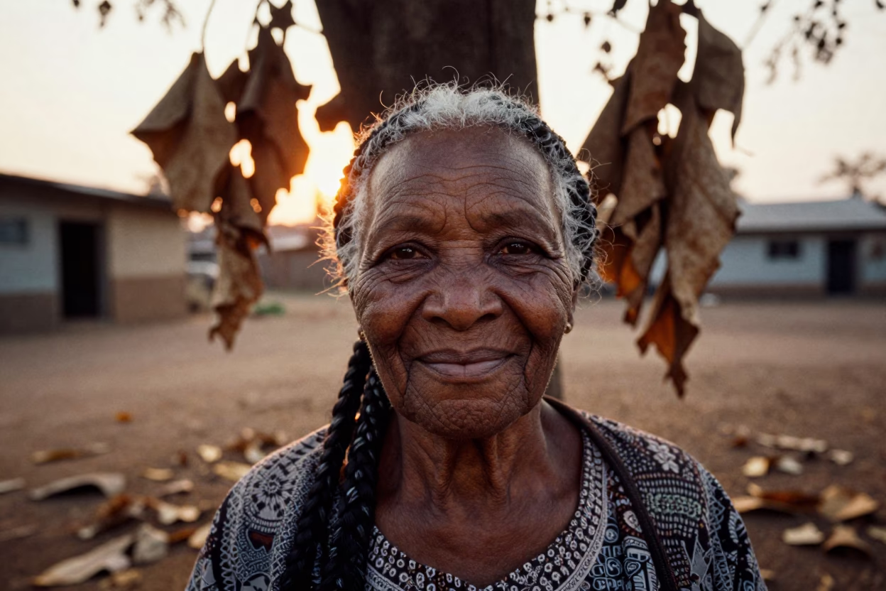 Grandmother with Silver Braids at Sunset in Kinshasa in near Kinshasa