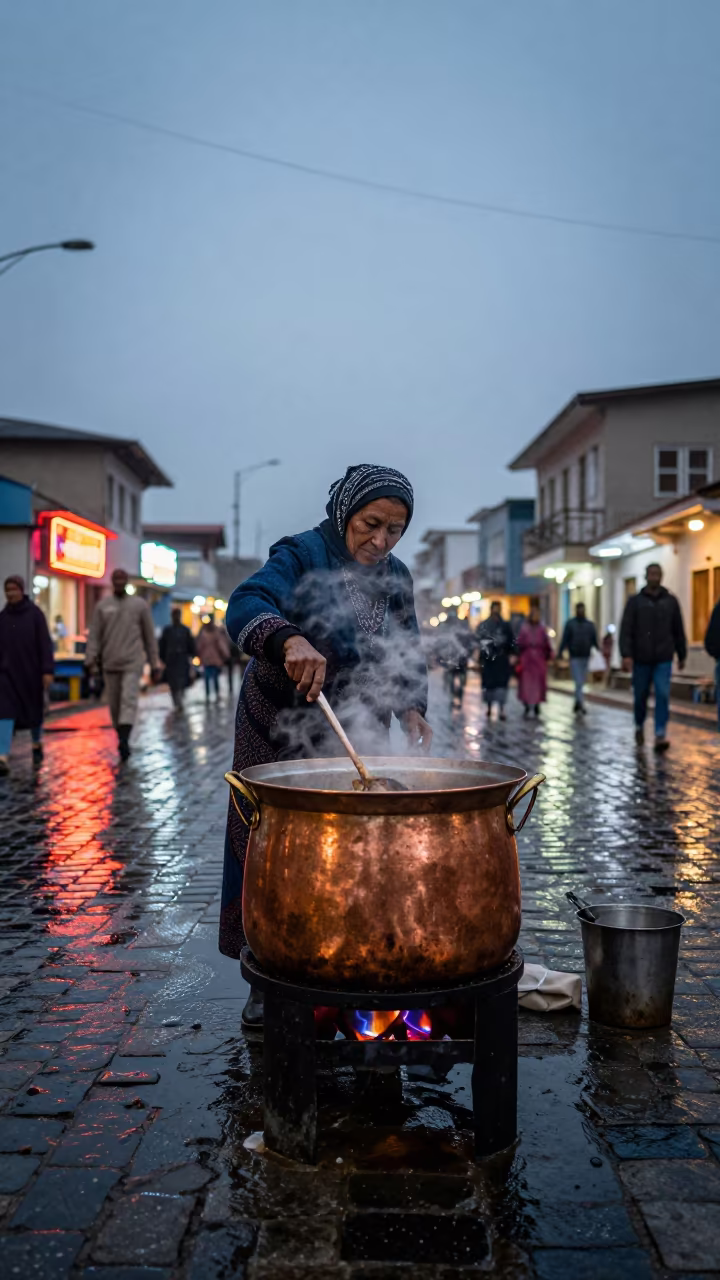 Grandmother Stirring Copper Pot in Gabela Square in at a public square in Gabela