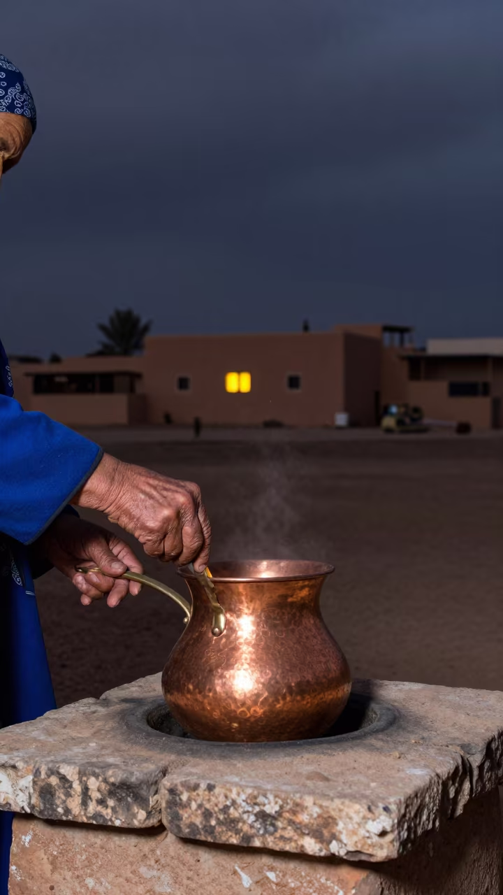 Grandmother Stirring Copper Pot Under Night Sky in near Marrakesh