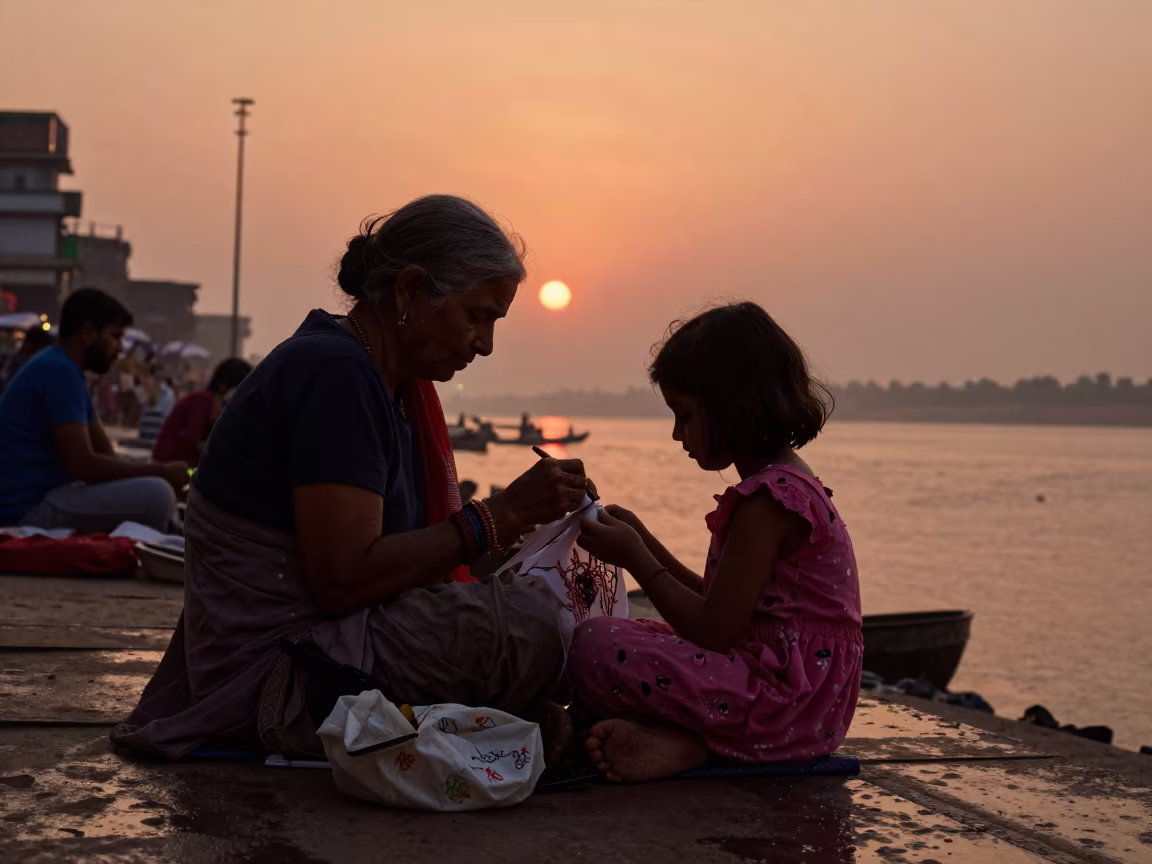 Silhouette of Grandmother Teaching Girl Embroidery at Assi Ghat in along a market lane in Assi Ghat, Varanasi