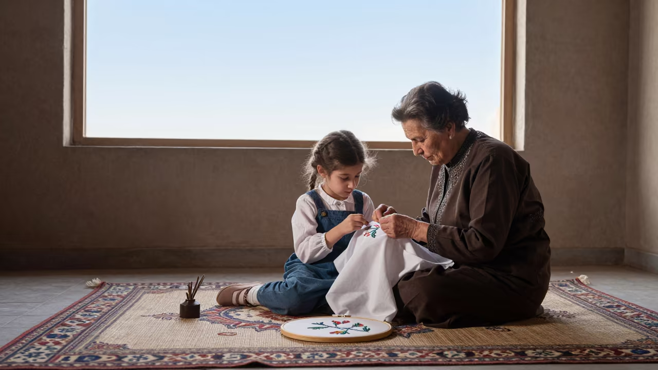Grandmother Teaching Embroidery to Girl in Hillah in in Hillah
