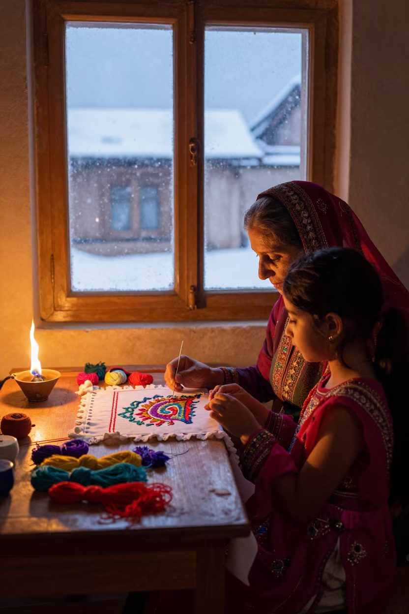 Grandmother Teaching Embroidery to Girl in Srinagar in near Srinagar