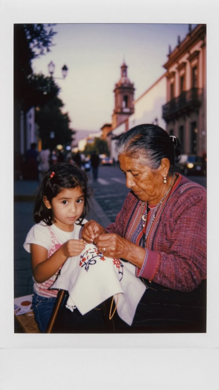 Grandmother Teaching Embroidery to Young Girl in Mexico City Before Dusk in in Mexico City, Mexico