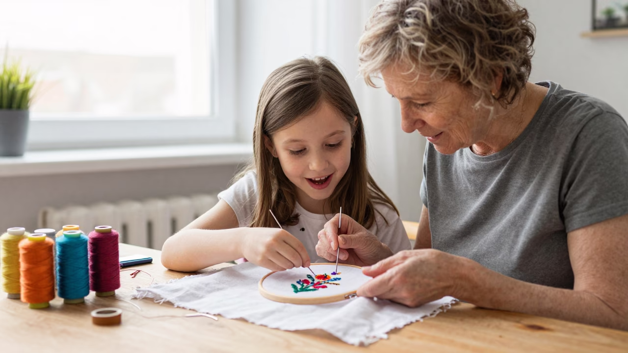 Grandmother Teaching Girl to Embroider Near Hamburg in near Hamburg