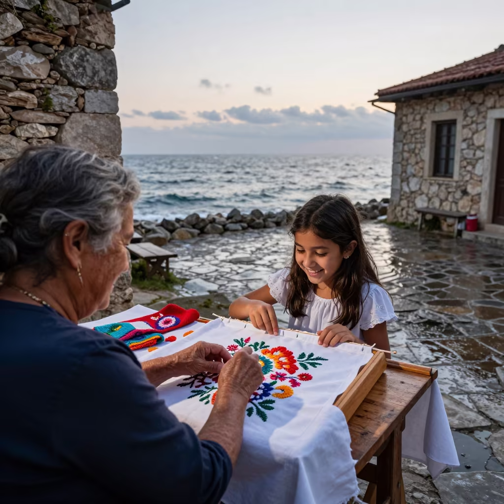 Grandmother Teaching Girl to Embroider in Saly in in the old quarter in Saly