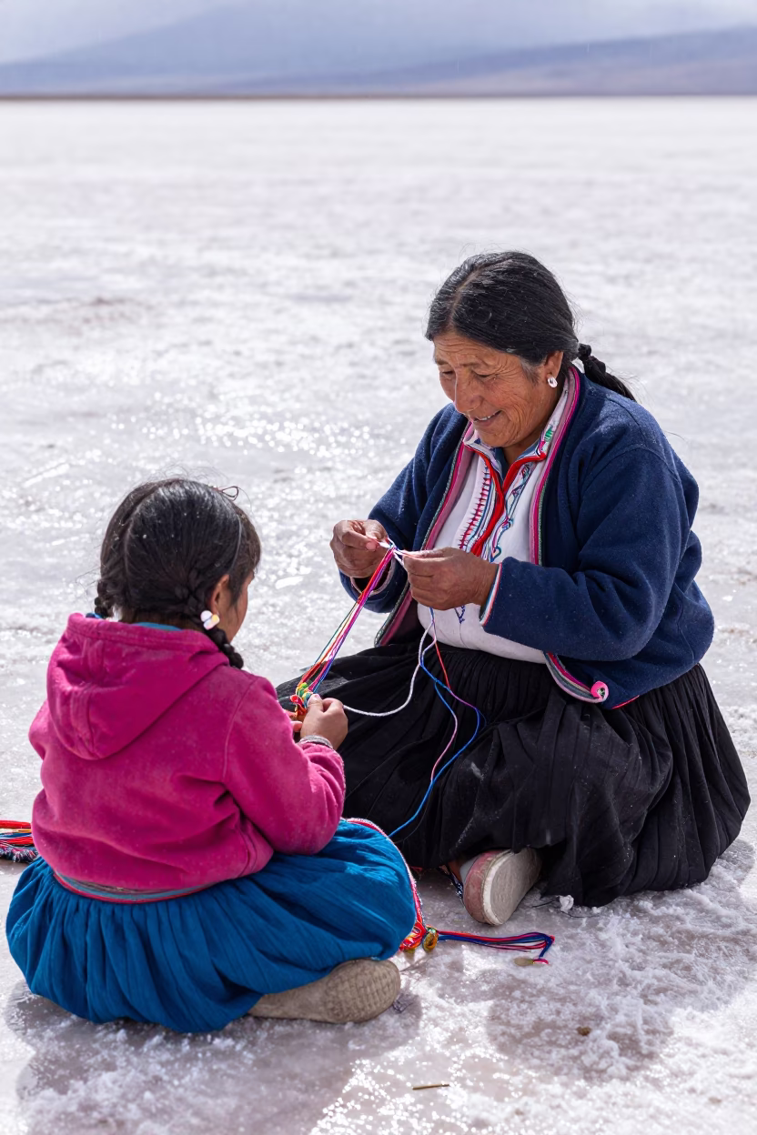 Grandmother Teaching Girl to Embroider in Uyuni in in Uyuni
