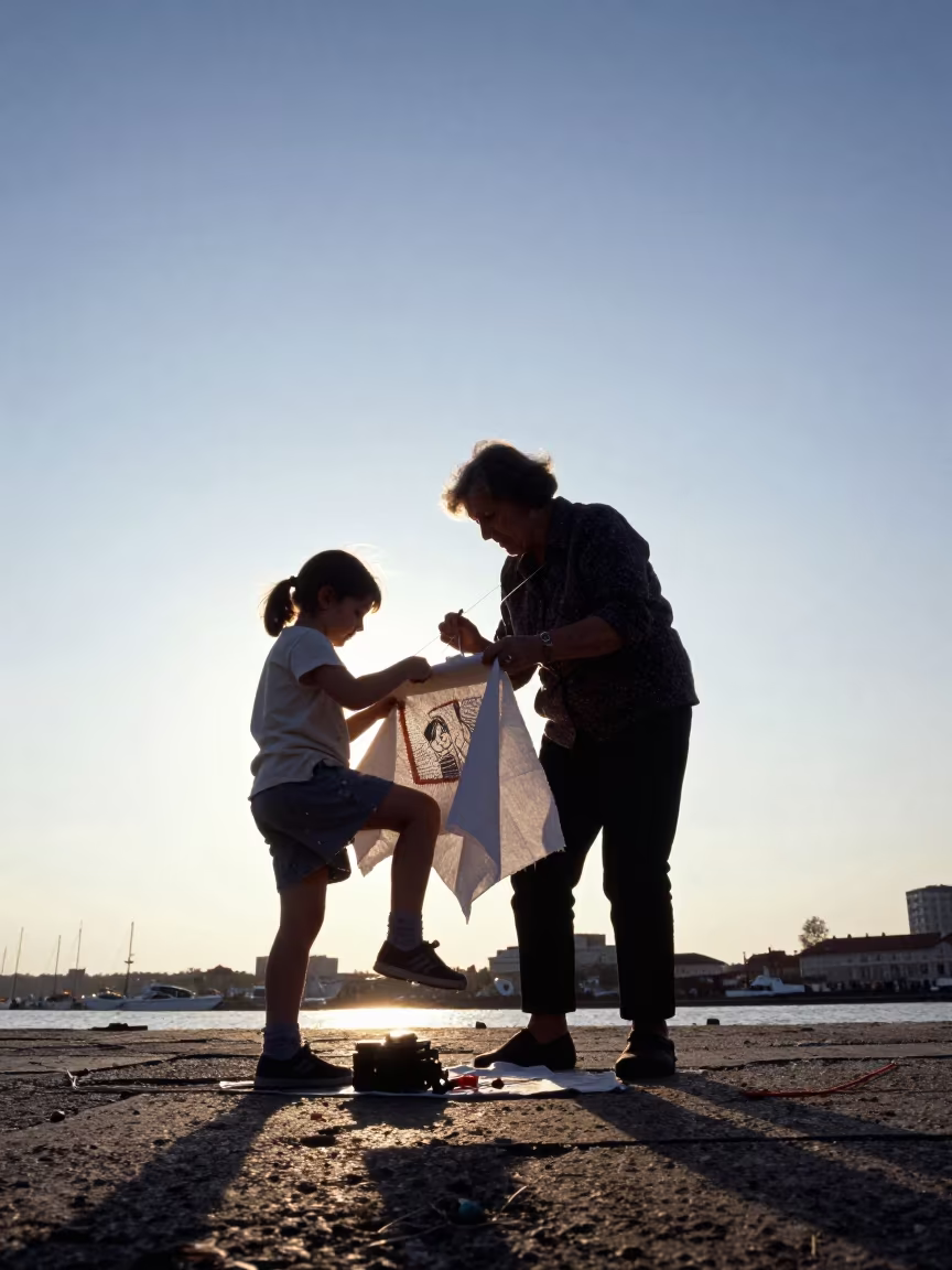 Grandmother Teaching Girl Embroidery at Harbor in at a harbor edge in Vilnius