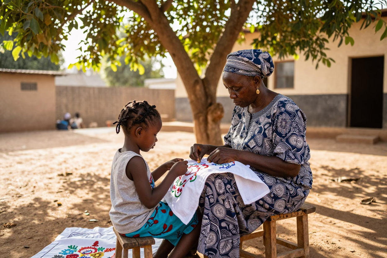 Grandmother Teaching Girl Embroidery in Dakar Late Morning Sunlight in in Dakar, Senegal