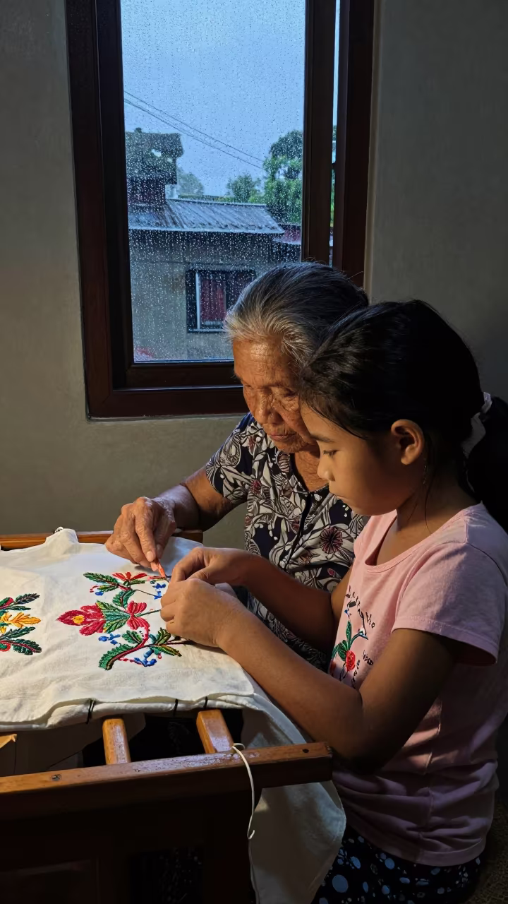 Grandmother Teaching Girl Embroidery in Quezon City in in Quezon City