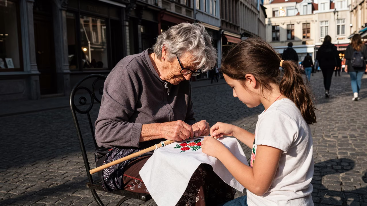 Grandmother Teaching Girl to Embroider Berry Motif in Brussels Late Afternoon Sun in in Brussels, Belgium