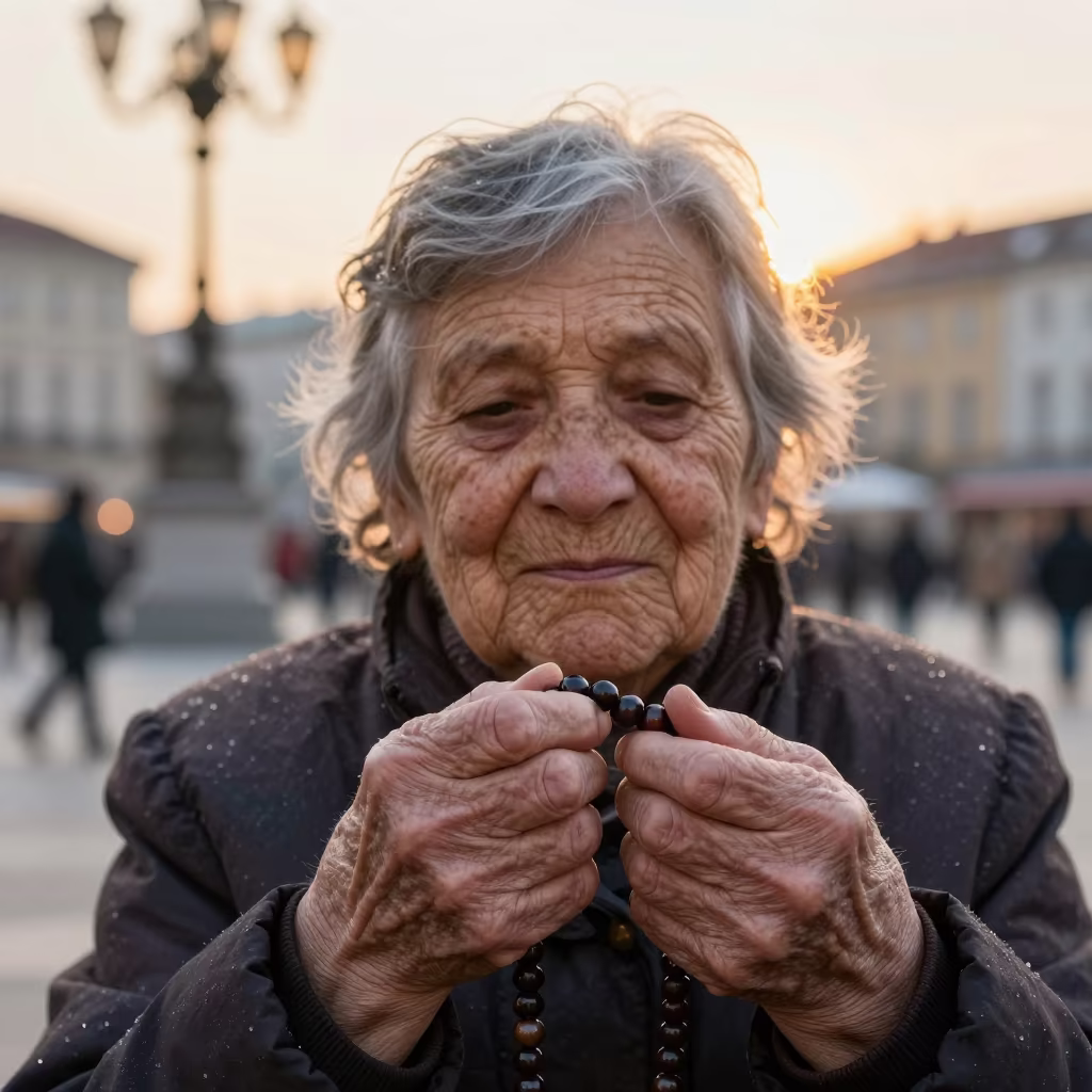 Grandmother Vienna Square Golden Hour Prayer Beads in at a public square in Vienna