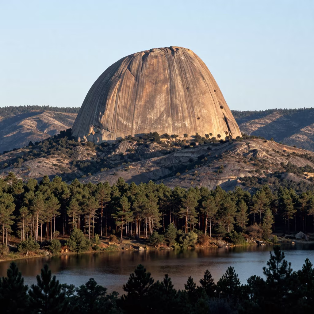 Granite Dome Over Pine Forest Ridge in from a ridge above layered foothills near Fresnillo