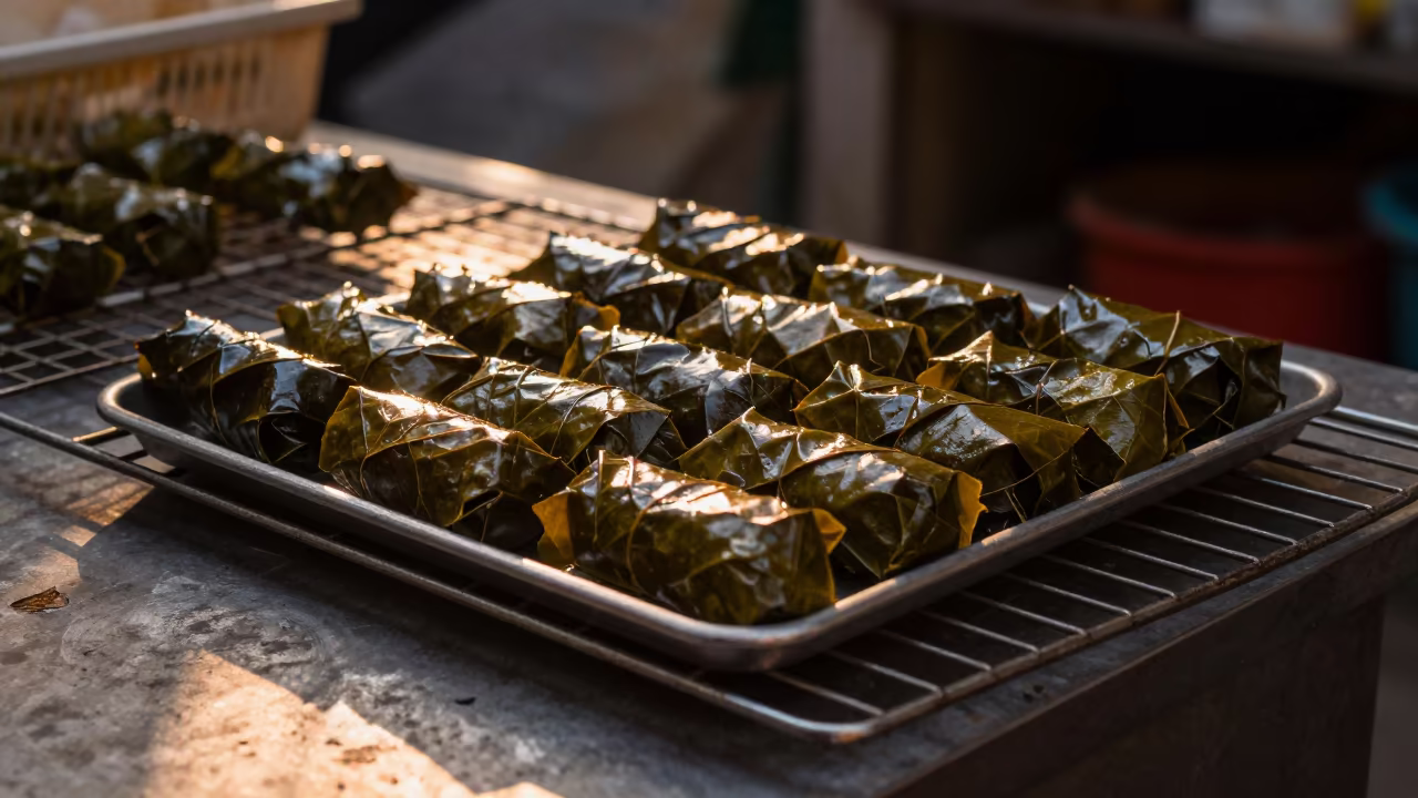 Grape Leaf Dolma on Bakery Rack in on a bakery cooling rack in French Quarter, Hanoi