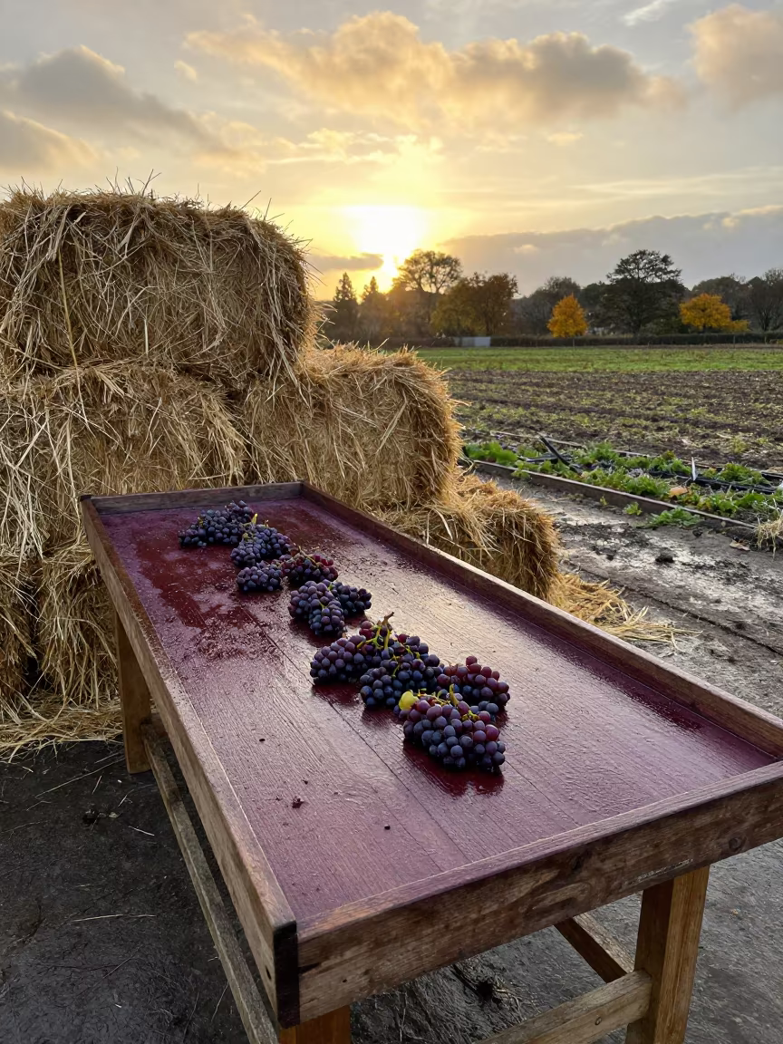 Grape Sorting Table Stained Purple Autumn Harvest in beside stacked hay bales in Stoke-on-Trent