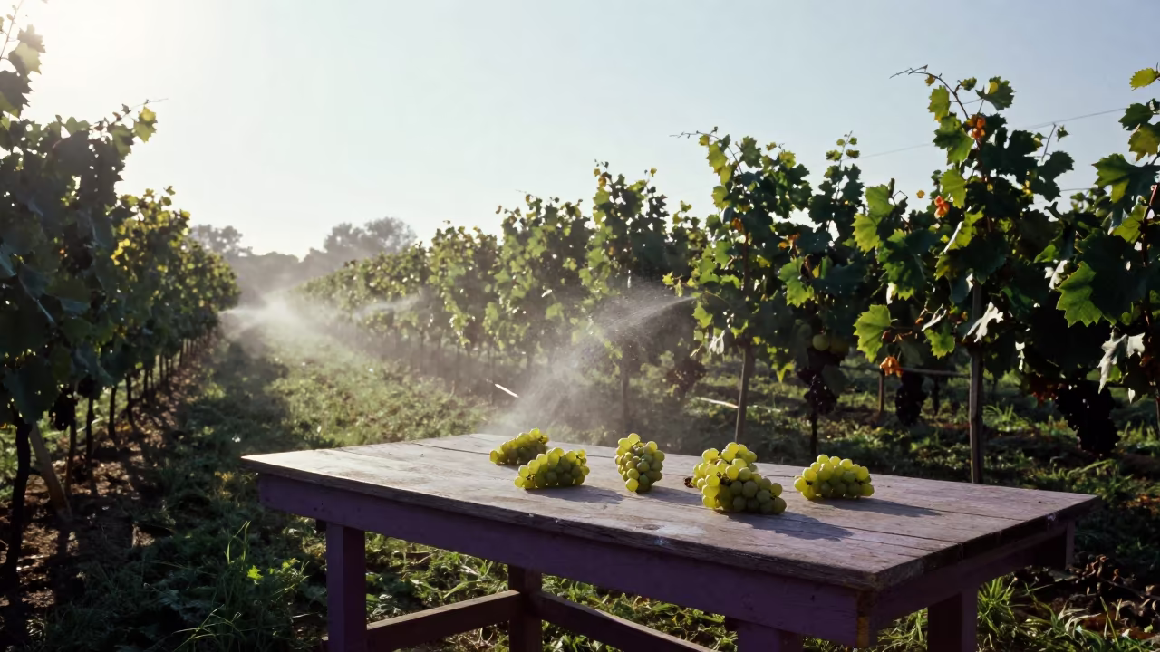 Grape Sorting Table Stained Purple in Wuhan Harvest in along freshly irrigated rows in Wuhan
