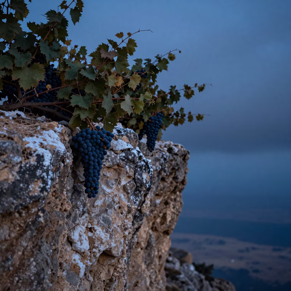 Grapevine Clusters on Libyan Cliff in Twilight in along a salt-sprayed cliff edge in Libya